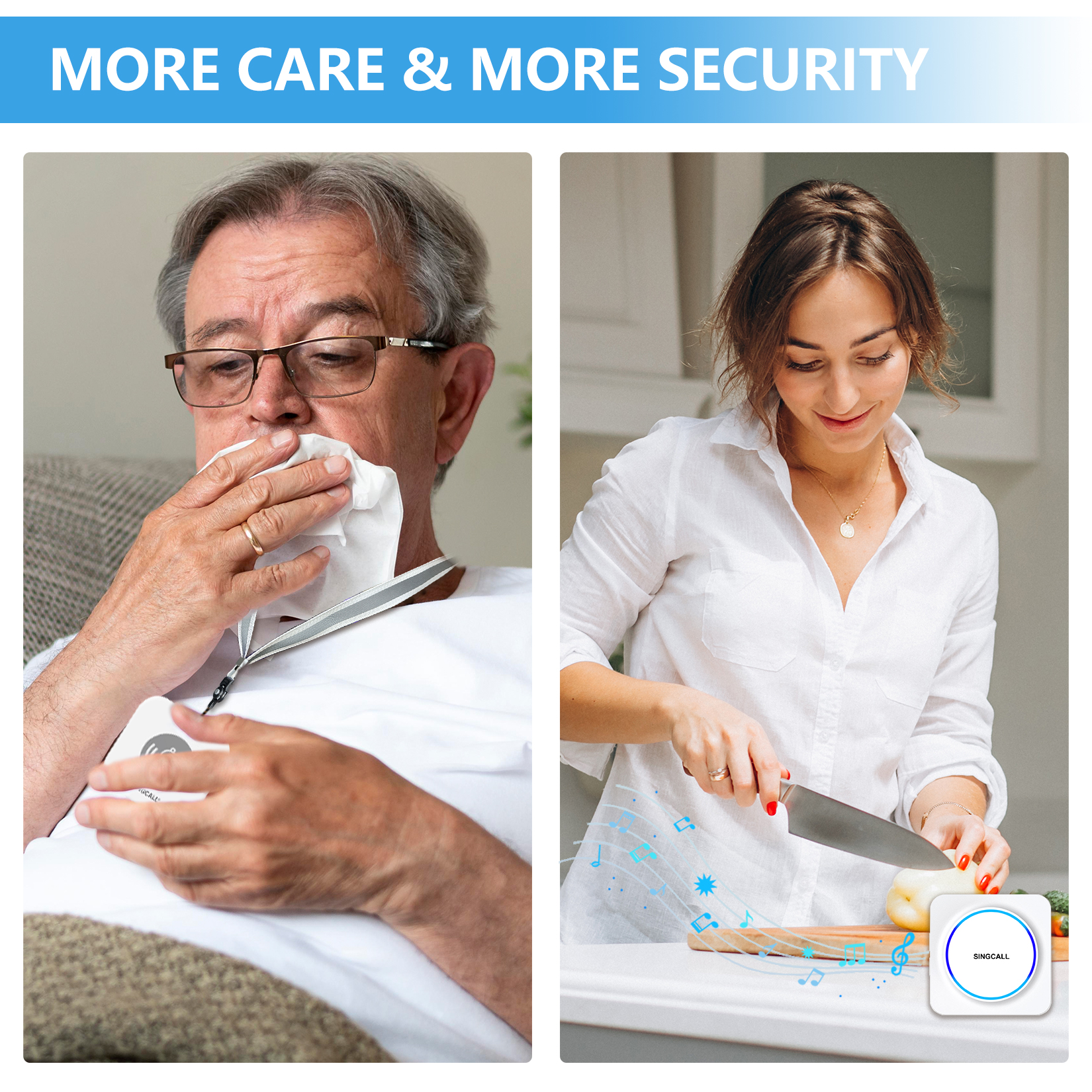 SINGCALL Wireless Caregiver Pager Panic Alarm System Personal Alarm for Elderly Patients Care Home 1 Rechargeable Portable Receiver with 2 Panic Call Button